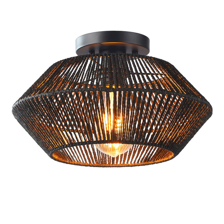 Plafonnier semi-encastré contemporain bohème rond en rotin à 1 lumière pour salon 