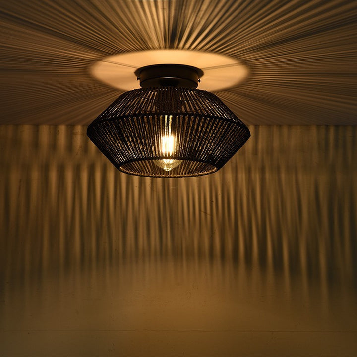 Luz de techo semiempotrada de 1 luz de ratán redondo boho contemporáneo para sala de estar 