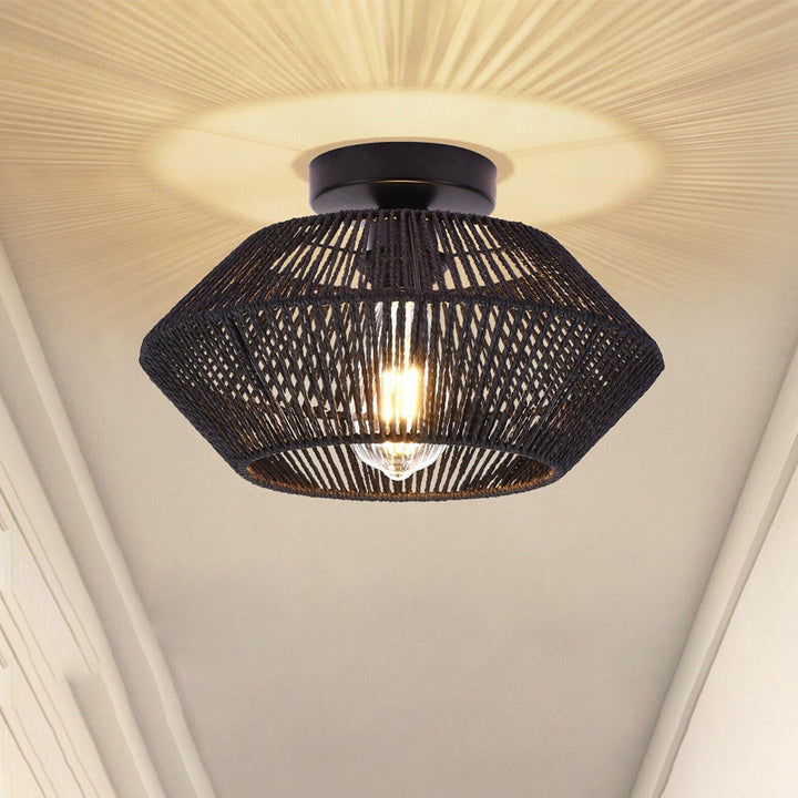 Luz de techo semiempotrada de 1 luz de ratán redondo boho contemporáneo para sala de estar 