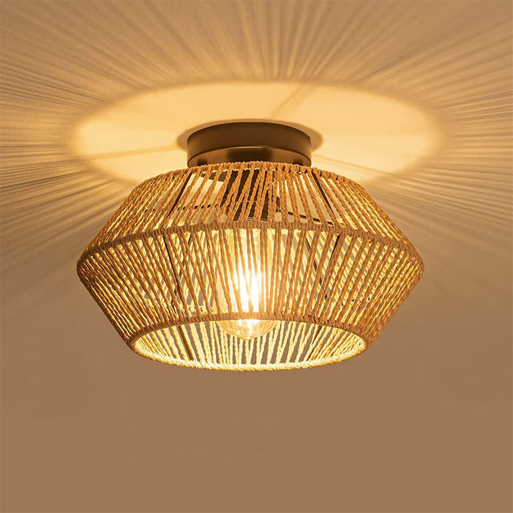 Luz de techo semiempotrada de 1 luz de ratán redondo boho contemporáneo para sala de estar 