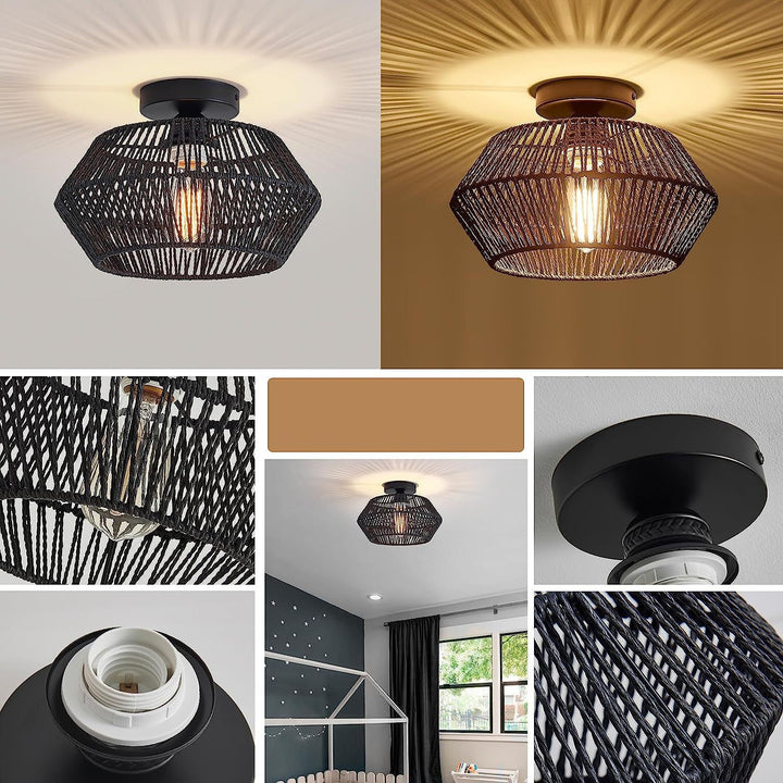 Plafonnier semi-encastré contemporain bohème rond en rotin à 1 lumière pour salon 