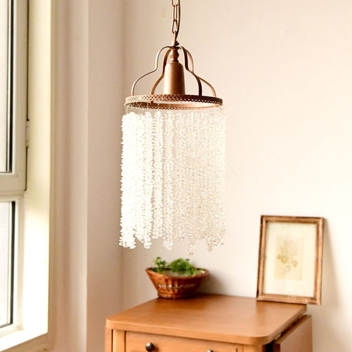 Traditional French Round Iron Crystal Tassel 1-Light Pendant Light For Living Room