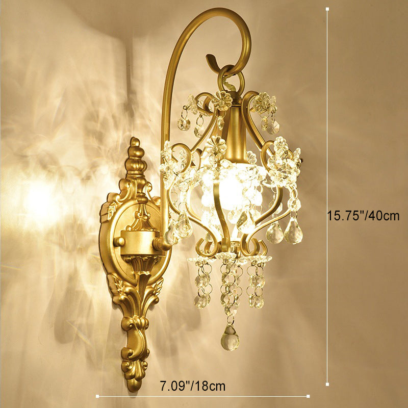Applique Murale en Fer Forgé Traditionnelle Française avec Cristal et Cadre Courbé à 1 Lumière pour Salon 