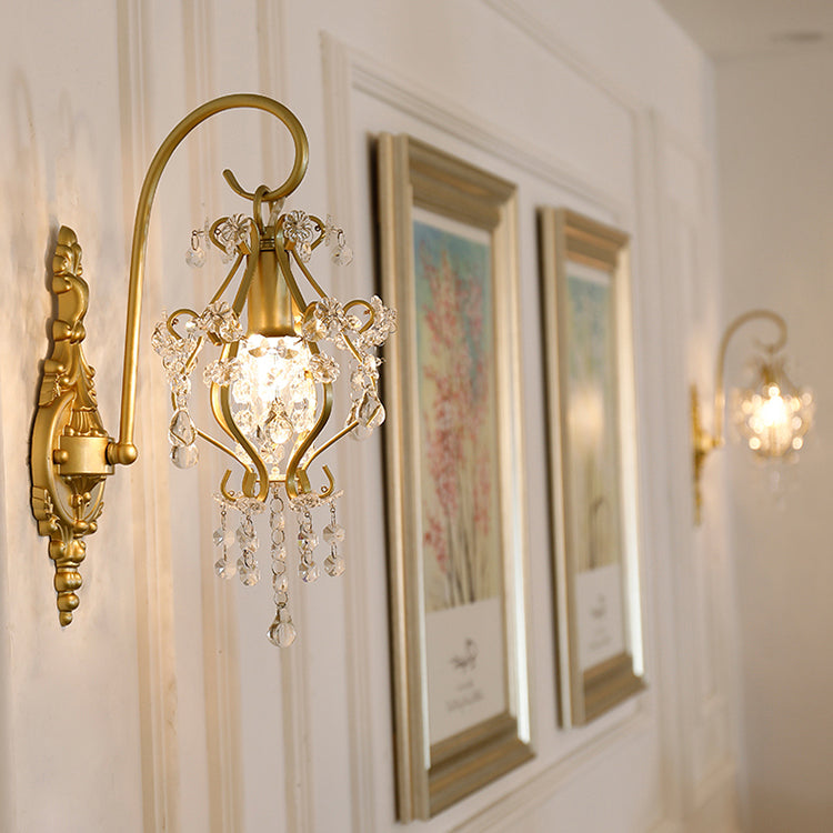 Applique Murale en Fer Forgé Traditionnelle Française avec Cristal et Cadre Courbé à 1 Lumière pour Salon 