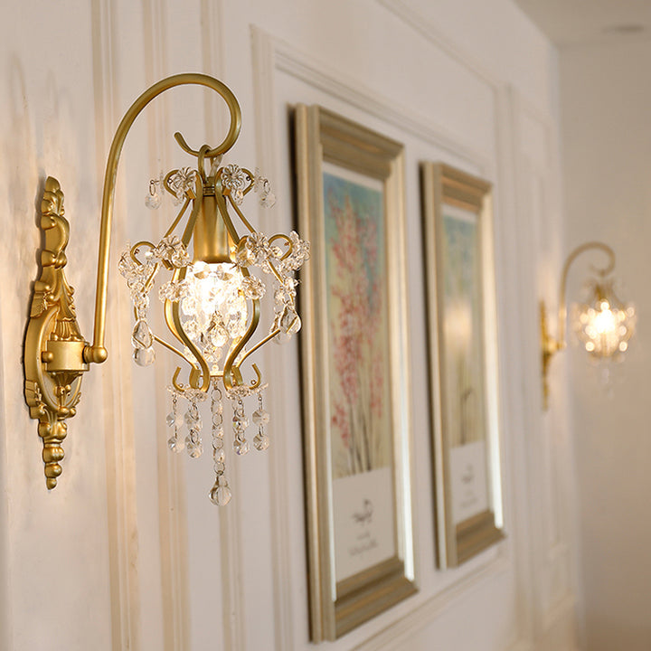 Applique Murale en Fer Forgé Traditionnelle Française avec Cristal et Cadre Courbé à 1 Lumière pour Salon 