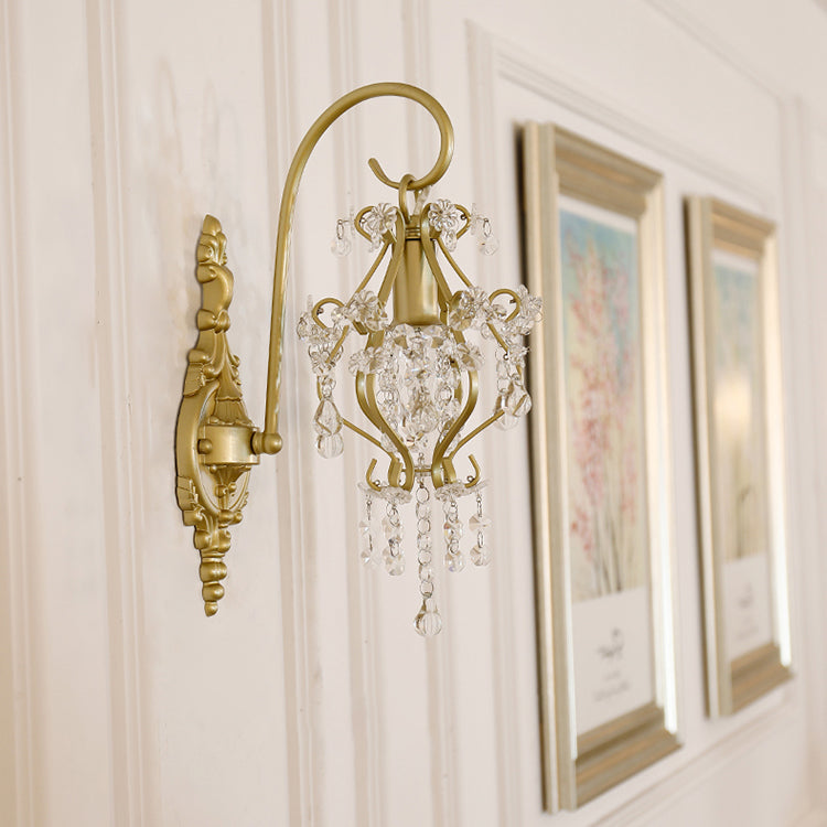 Applique Murale en Fer Forgé Traditionnelle Française avec Cristal et Cadre Courbé à 1 Lumière pour Salon 