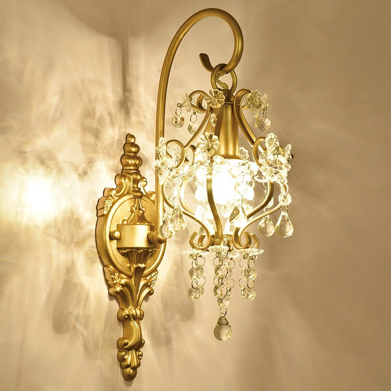 Applique Murale en Fer Forgé Traditionnelle Française avec Cristal et Cadre Courbé à 1 Lumière pour Salon 