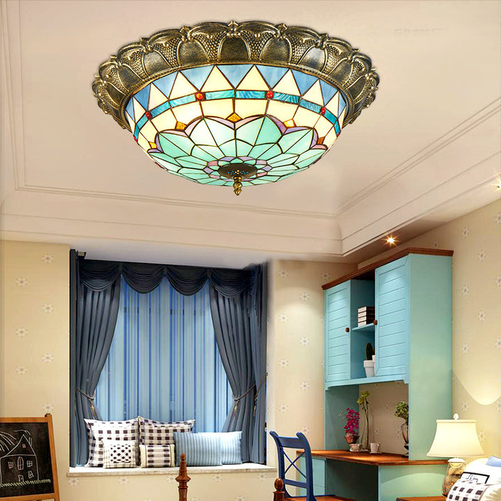 Traditionelle Tiffany Rundkuppel Eisen Buntglas LED-Deckenleuchte für Wohnzimmer 