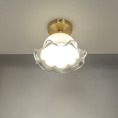 Zeitgenössische Retro Runde Cremefarbene Blumen Vollkupfer Glas Schirm 1-Licht Halbeinbau Deckenleuchte Für Wohnzimmer 