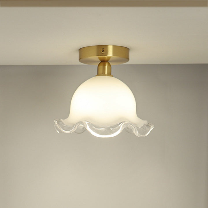 Zeitgenössische Retro Runde Cremefarbene Blumen Vollkupfer Glas Schirm 1-Licht Halbeinbau Deckenleuchte Für Wohnzimmer 