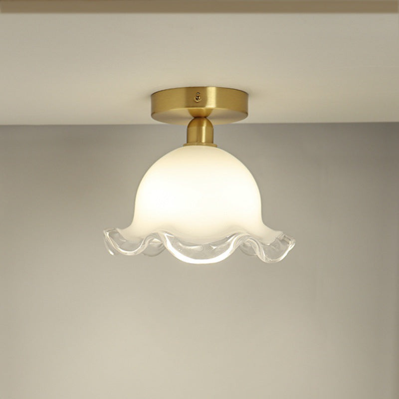 Zeitgenössische Retro Runde Cremefarbene Blumen Vollkupfer Glas Schirm 1-Licht Halbeinbau Deckenleuchte Für Wohnzimmer 
