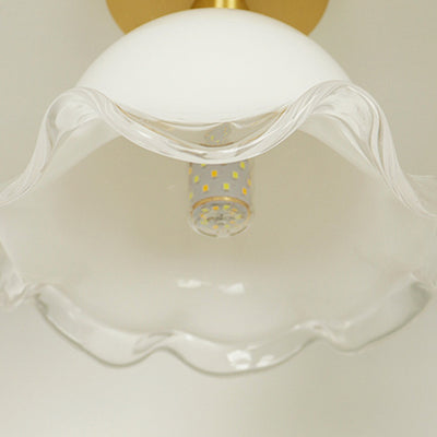 Zeitgenössische Retro Runde Cremefarbene Blumen Vollkupfer Glas Schirm 1-Licht Halbeinbau Deckenleuchte Für Wohnzimmer 