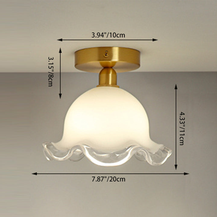 Zeitgenössische Retro Runde Cremefarbene Blumen Vollkupfer Glas Schirm 1-Licht Halbeinbau Deckenleuchte Für Wohnzimmer 