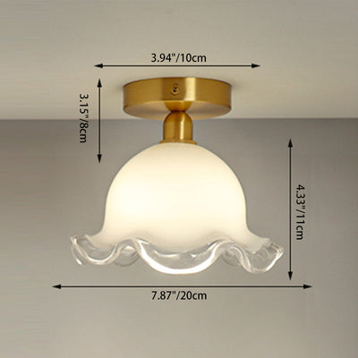 Zeitgenössische Retro Runde Cremefarbene Blumen Vollkupfer Glas Schirm 1-Licht Halbeinbau Deckenleuchte Für Wohnzimmer 