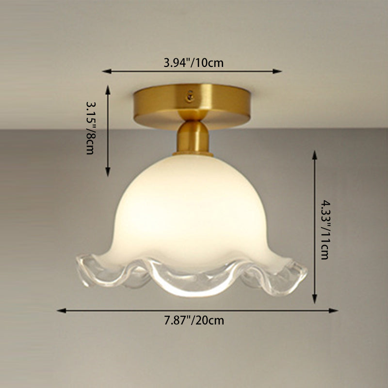 Zeitgenössische Retro Runde Cremefarbene Blumen Vollkupfer Glas Schirm 1-Licht Halbeinbau Deckenleuchte Für Wohnzimmer 