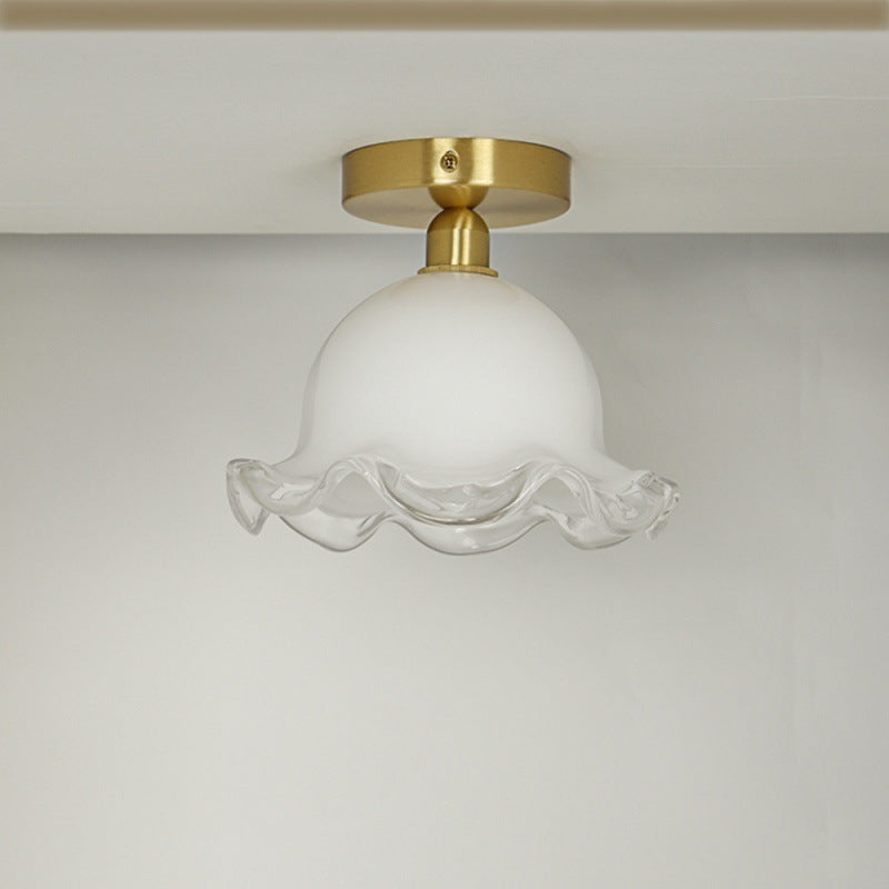 Zeitgenössische Retro Runde Cremefarbene Blumen Vollkupfer Glas Schirm 1-Licht Halbeinbau Deckenleuchte Für Wohnzimmer 