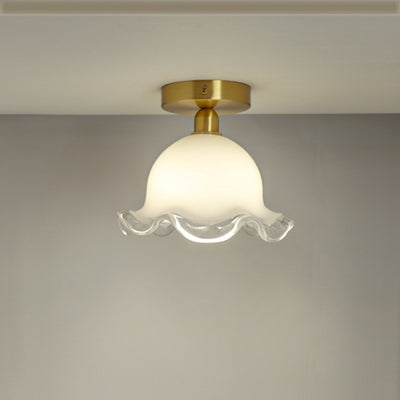 Zeitgenössische Retro Runde Cremefarbene Blumen Vollkupfer Glas Schirm 1-Licht Halbeinbau Deckenleuchte Für Wohnzimmer 