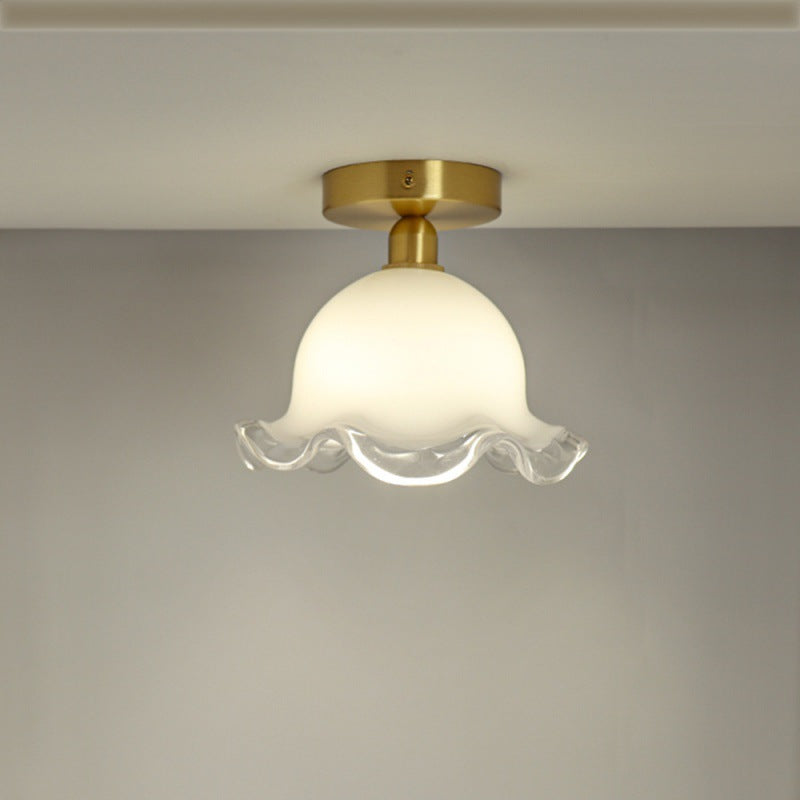 Zeitgenössische Retro Runde Cremefarbene Blumen Vollkupfer Glas Schirm 1-Licht Halbeinbau Deckenleuchte Für Wohnzimmer 
