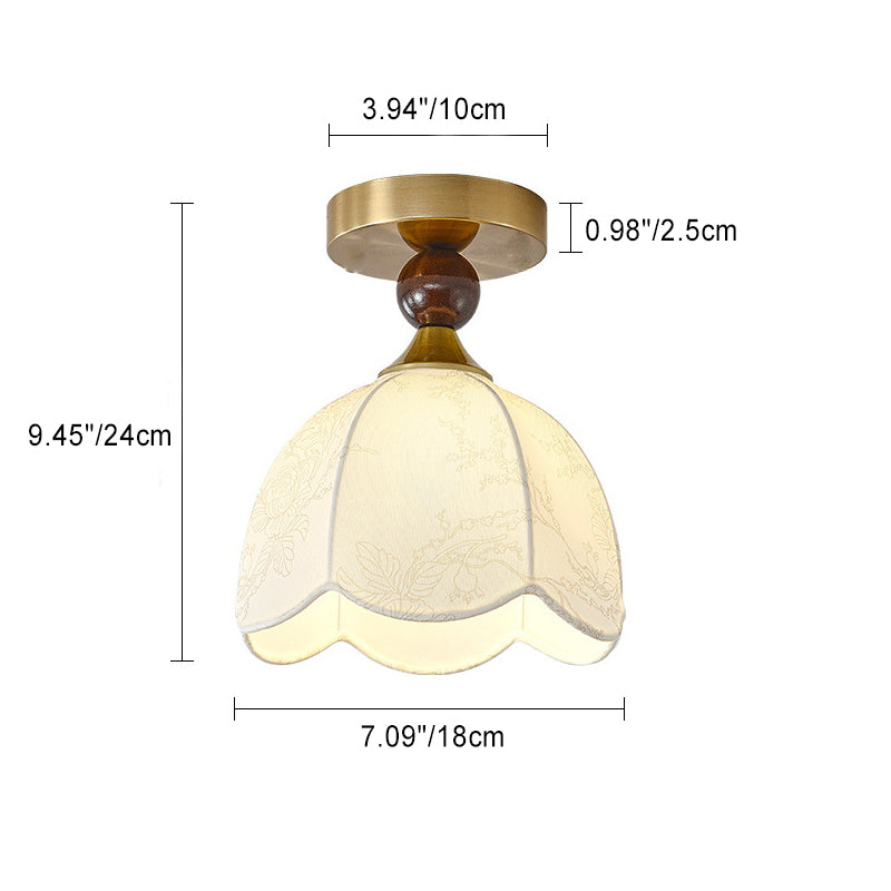 Monture de plafond semi-encastrée à 1 lumière en bois avec abat-jour en tissu imprimé dentelle rétro contemporain pour salon 