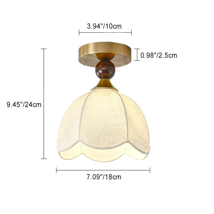 Monture de plafond semi-encastrée à 1 lumière en bois avec abat-jour en tissu imprimé dentelle rétro contemporain pour salon 