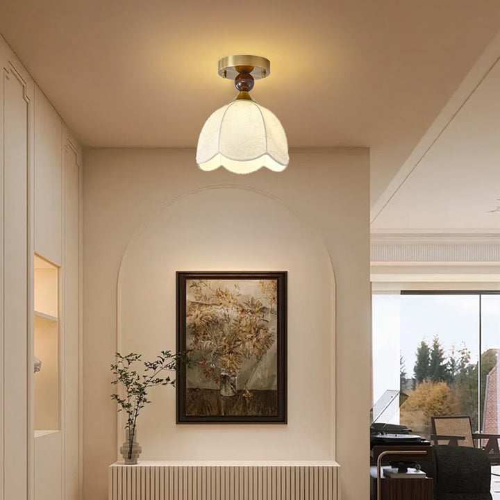 Monture de plafond semi-encastrée à 1 lumière en bois avec abat-jour en tissu imprimé dentelle rétro contemporain pour salon 