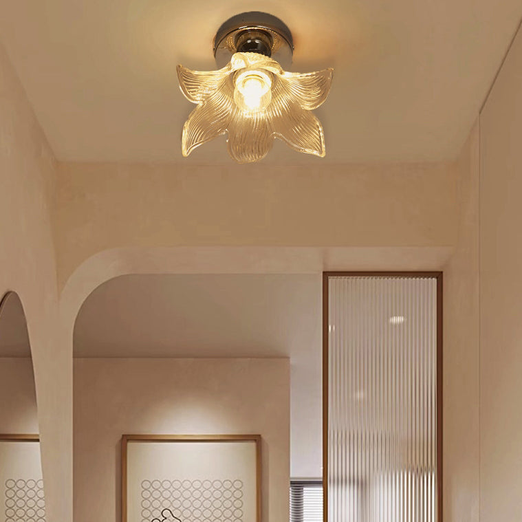 Modern Minimalist Flower Iron Glass 1-Light Semi-Flush Mount Ceiling Light For Living Room