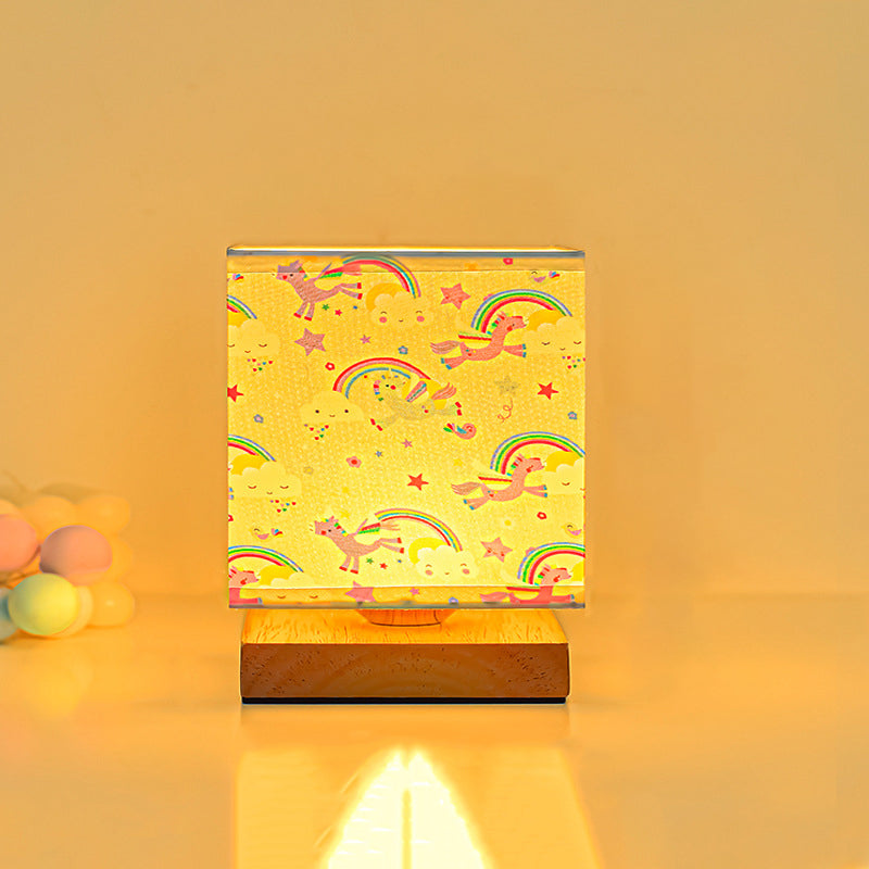 Moderne Art-Déco-Quadratische Blumenstoffschirm Massivholzsockel LED Tischlampe für Schlafzimmer 