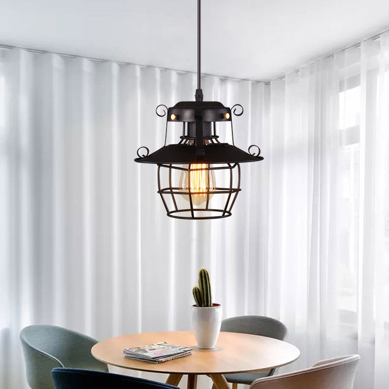 Cadre de cage en fer rond industriel contemporain, suspension 1 lumière pour salon 