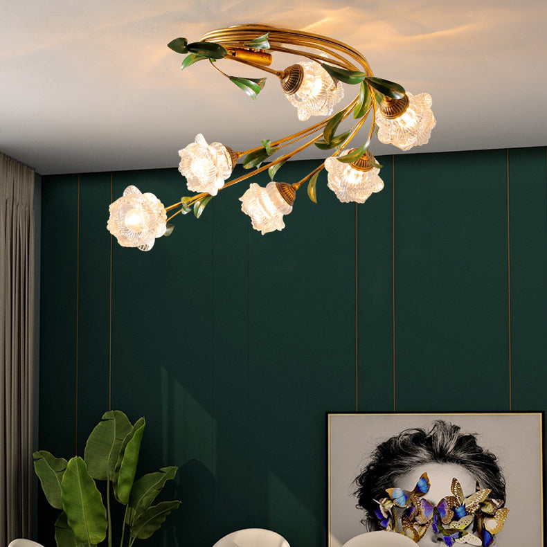 Plafonnier semi-circulaire nordique contemporain à tige incurvée florale en fer avec abat-jour en verre à 6 lumières pour salon 