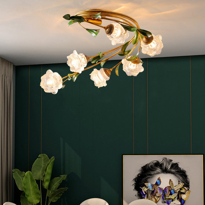 Plafonnier semi-circulaire nordique contemporain à tige incurvée florale en fer avec abat-jour en verre à 6 lumières pour salon 