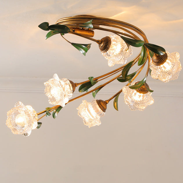 Plafonnier semi-circulaire nordique contemporain à tige incurvée florale en fer avec abat-jour en verre à 6 lumières pour salon 