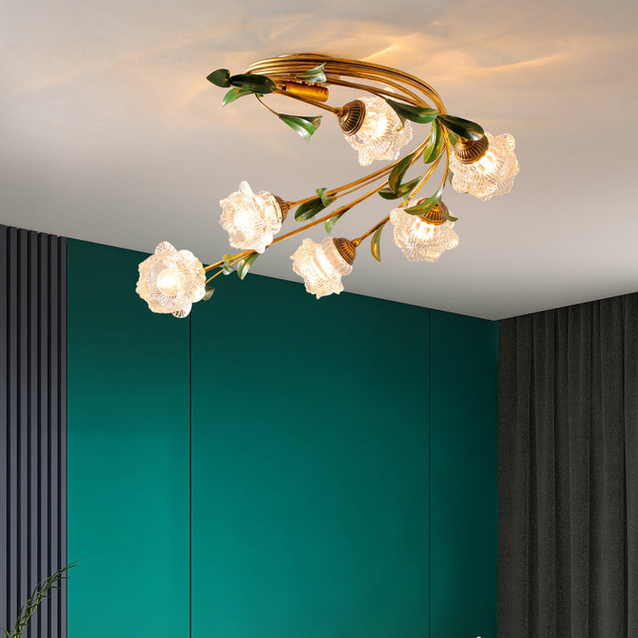 Plafonnier semi-circulaire nordique contemporain à tige incurvée florale en fer avec abat-jour en verre à 6 lumières pour salon 