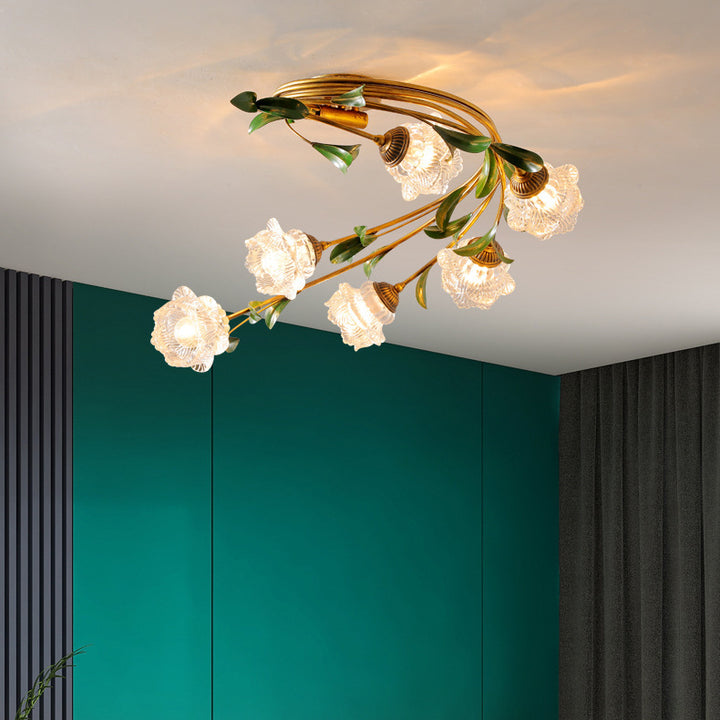 Plafonnier semi-circulaire nordique contemporain à tige incurvée florale en fer avec abat-jour en verre à 6 lumières pour salon 