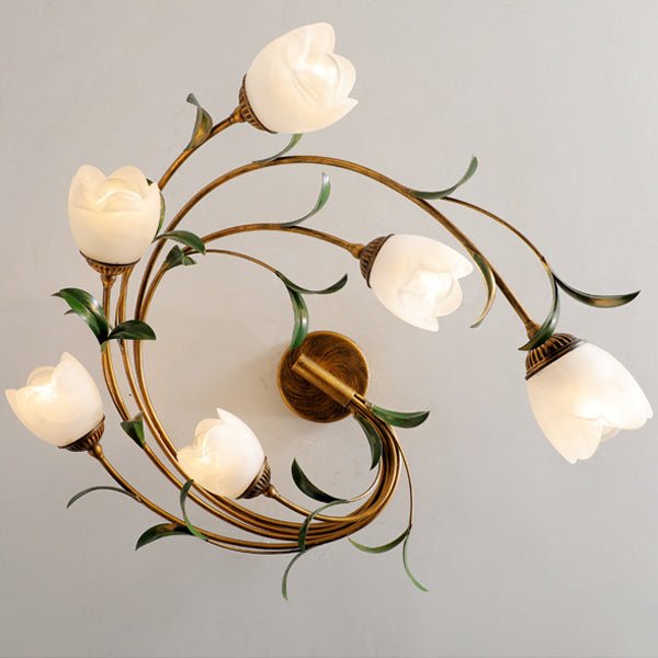 Plafonnier semi-circulaire nordique contemporain à tige incurvée florale en fer avec abat-jour en verre à 6 lumières pour salon 