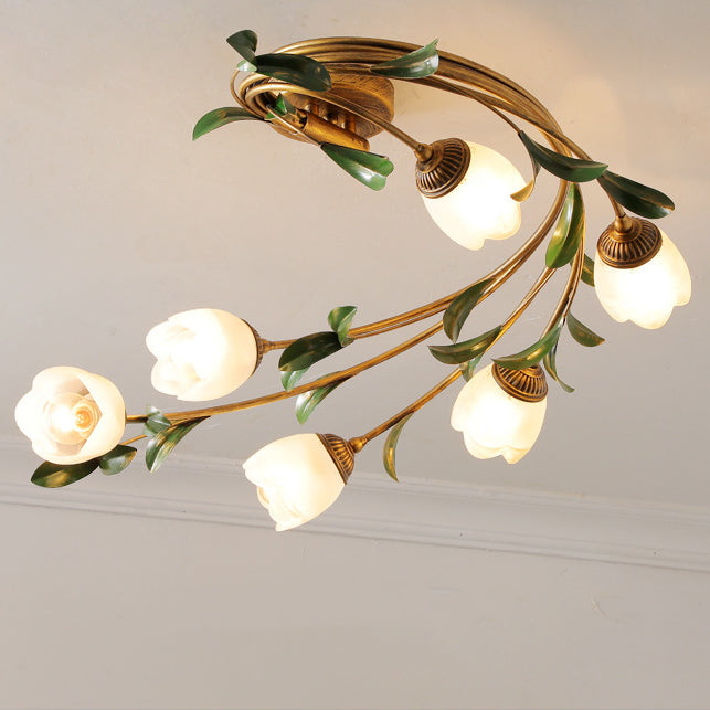 Plafonnier semi-circulaire nordique contemporain à tige incurvée florale en fer avec abat-jour en verre à 6 lumières pour salon 