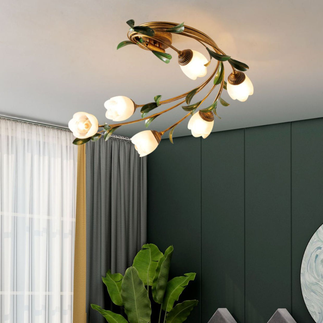 Plafonnier semi-circulaire nordique contemporain à tige incurvée florale en fer avec abat-jour en verre à 6 lumières pour salon 