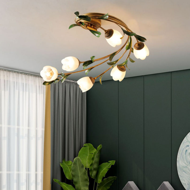 Plafonnier semi-circulaire nordique contemporain à tige incurvée florale en fer avec abat-jour en verre à 6 lumières pour salon 