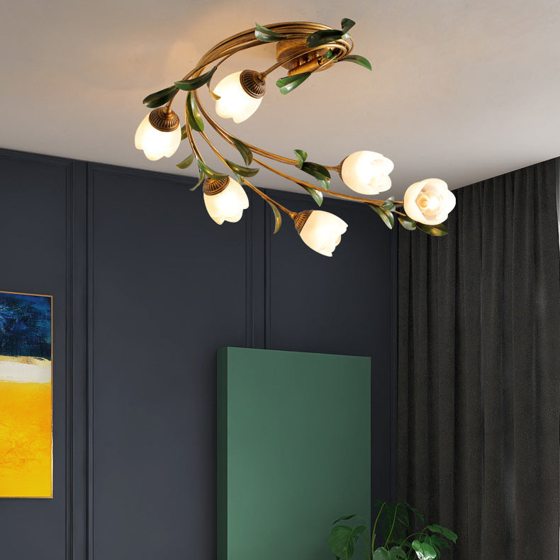 Plafonnier semi-circulaire nordique contemporain à tige incurvée florale en fer avec abat-jour en verre à 6 lumières pour salon 