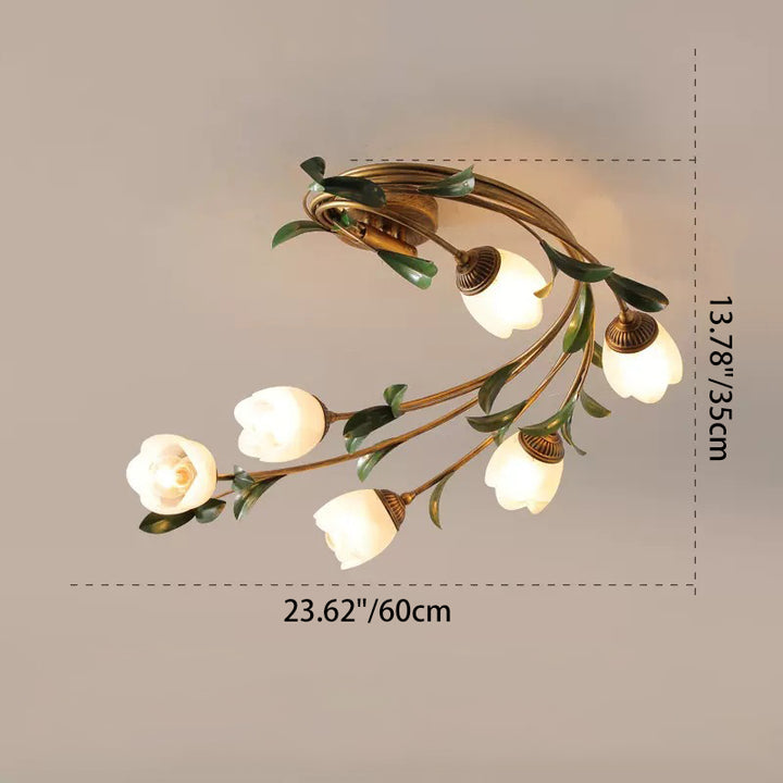 Plafonnier semi-circulaire nordique contemporain à tige incurvée florale en fer avec abat-jour en verre à 6 lumières pour salon 
