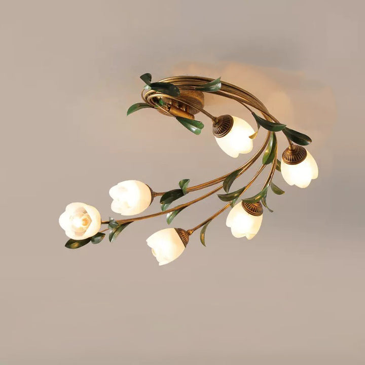 Plafonnier semi-circulaire nordique contemporain à tige incurvée florale en fer avec abat-jour en verre à 6 lumières pour salon 