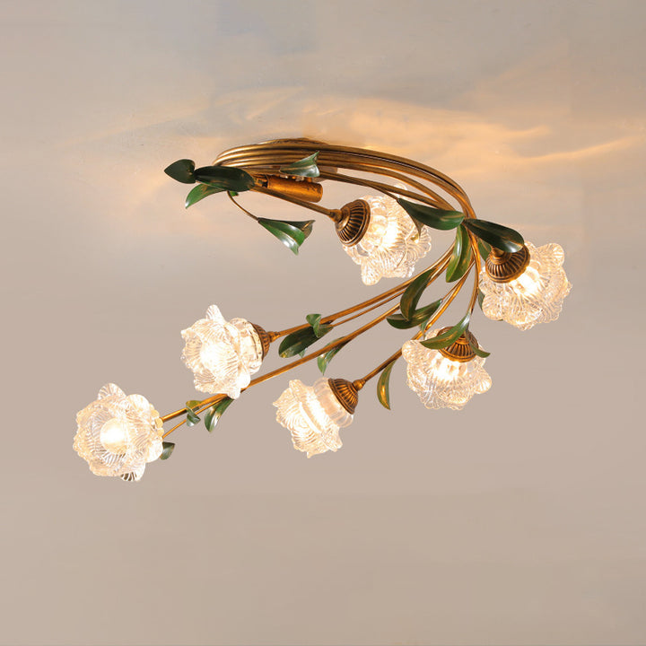Plafonnier semi-circulaire nordique contemporain à tige incurvée florale en fer avec abat-jour en verre à 6 lumières pour salon 