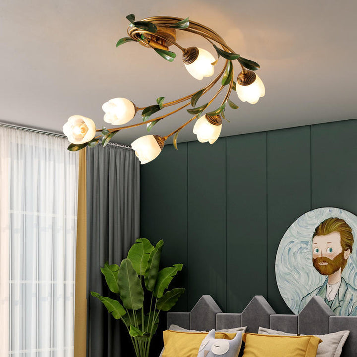Plafonnier semi-circulaire nordique contemporain à tige incurvée florale en fer avec abat-jour en verre à 6 lumières pour salon 