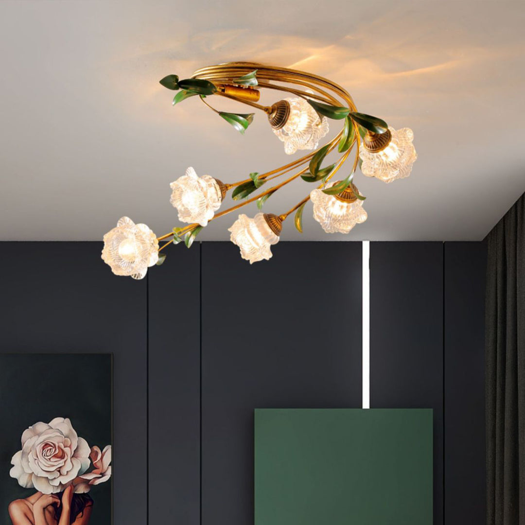 Plafonnier semi-circulaire nordique contemporain à tige incurvée florale en fer avec abat-jour en verre à 6 lumières pour salon 