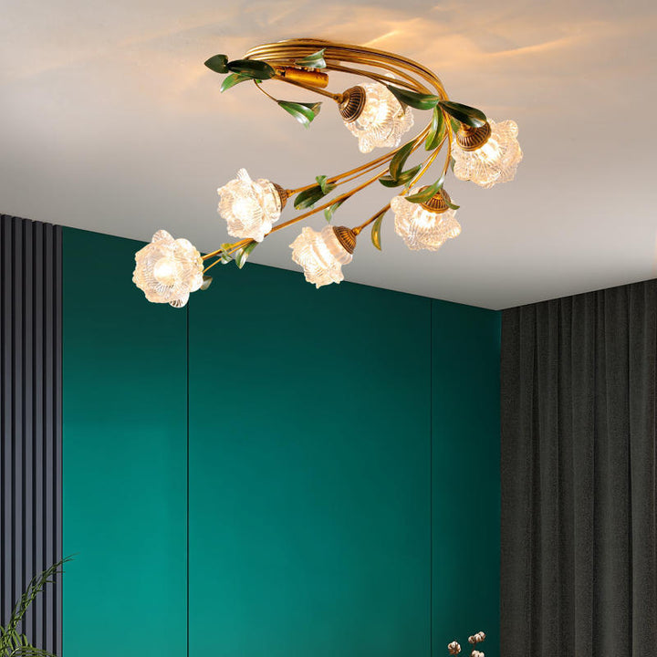 Plafonnier semi-circulaire nordique contemporain à tige incurvée florale en fer avec abat-jour en verre à 6 lumières pour salon 