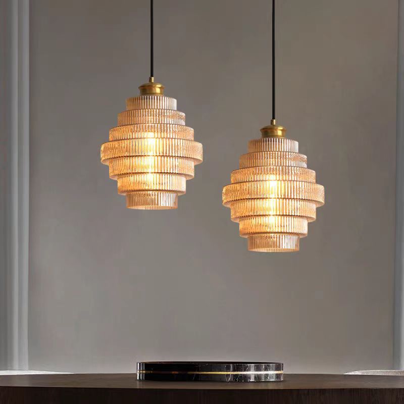 Contemporary Nordic Round Striped Glass 1-Light Pendant Light For Living Room