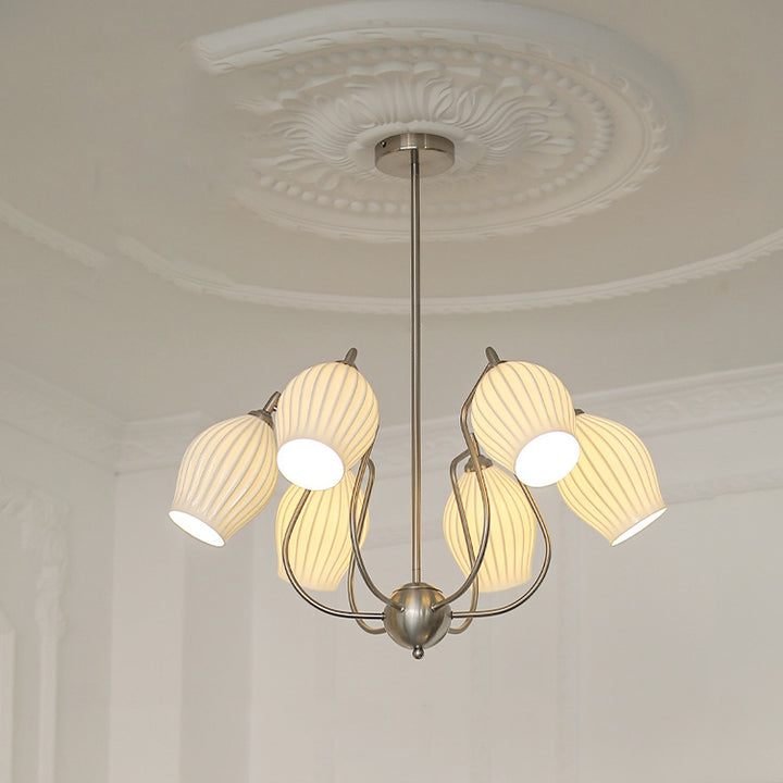 Traditional French Hardware Curved Rod Striped Ceramic Shade 4/6/8 Light Chandelier For Living Room