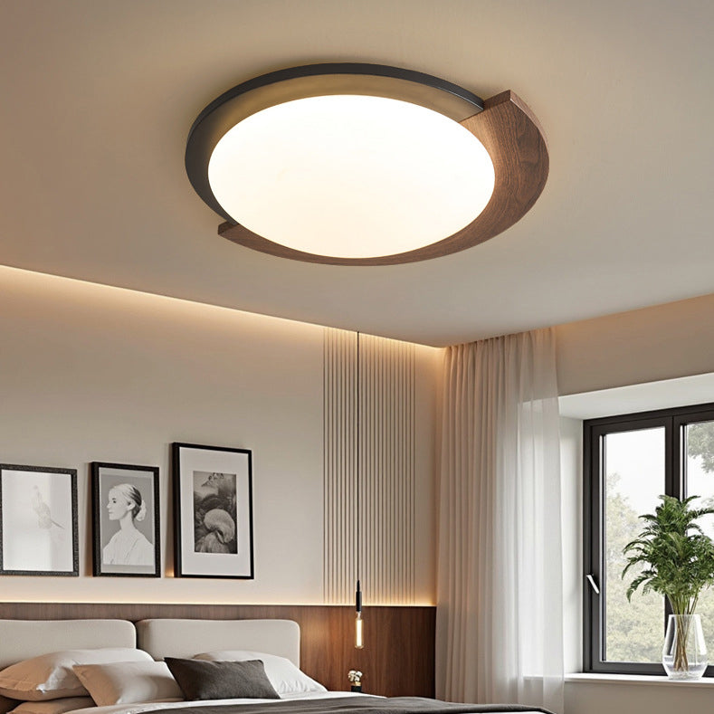 Zeitgenössische Retro Runde Holzmaserung Eisenrahmen Acrylschirm LED-Deckenleuchte für Wohnzimmer 