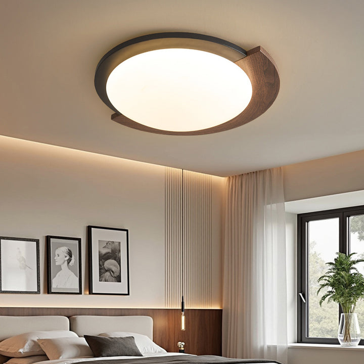 Zeitgenössische Retro Runde Holzmaserung Eisenrahmen Acrylschirm LED-Deckenleuchte für Wohnzimmer 