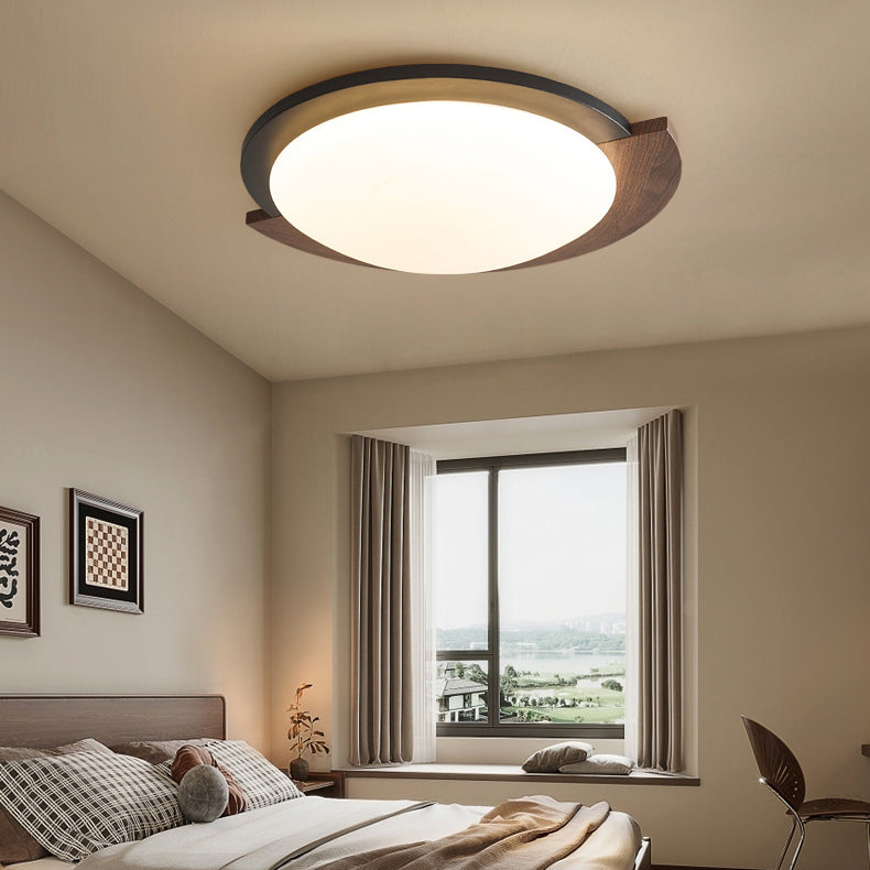 Zeitgenössische Retro Runde Holzmaserung Eisenrahmen Acrylschirm LED-Deckenleuchte für Wohnzimmer 