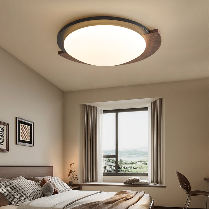 Zeitgenössische Retro Runde Holzmaserung Eisenrahmen Acrylschirm LED-Deckenleuchte für Wohnzimmer 